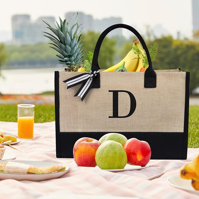 TOPDesign Initial Jute/Canvas Tote Bag, Personalized Present Bag, Suitable - Image 3