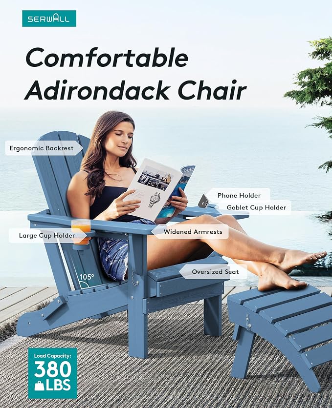 SERWALL Folding Adirondack Chair, HDPE Adirondack Chairs Set of 8, Plastic - Image 4