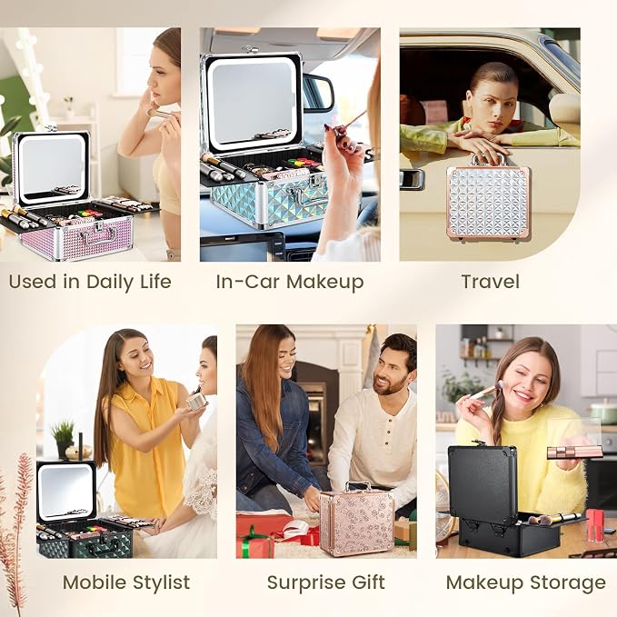 Makeup Box with Magnetic Lighted Up Mirror Makeup Organizer Box Travel Cosmetic - Image 7