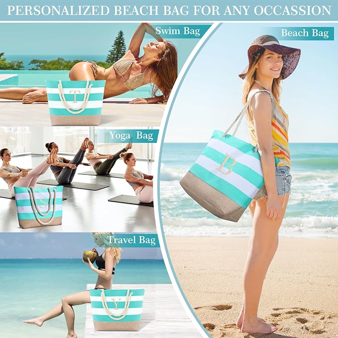 YOOLIFE Initial Canvas Waterproof Beach Tote Bag Zipper Personalized Gifts - Image 6