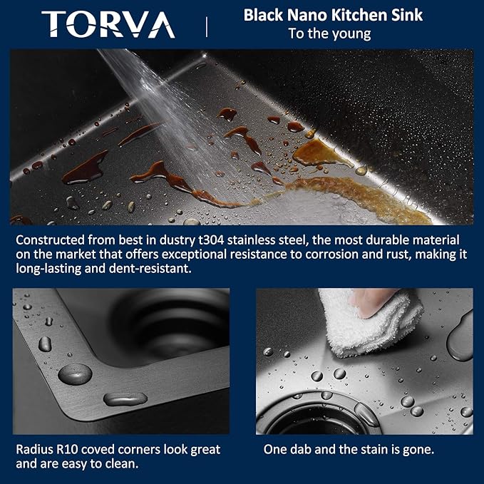 TORVA 18 x 18 Inch Gloss Black Drop-in Topmount Kitchen Sink - Image 5