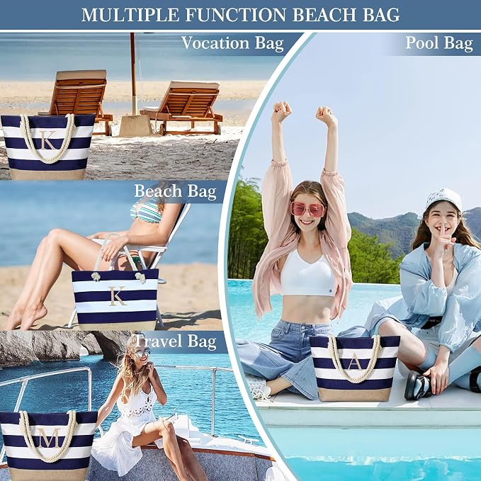 YOOLIFE Initial Canvas Waterproof Beach Tote Bag Zipper Personalized Gifts - Image 4