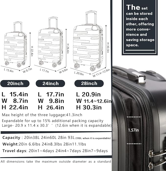Coolife Luggage Suitcase Carry-on Hardside Travel Luggage TSA Lock Spinner - Image 7
