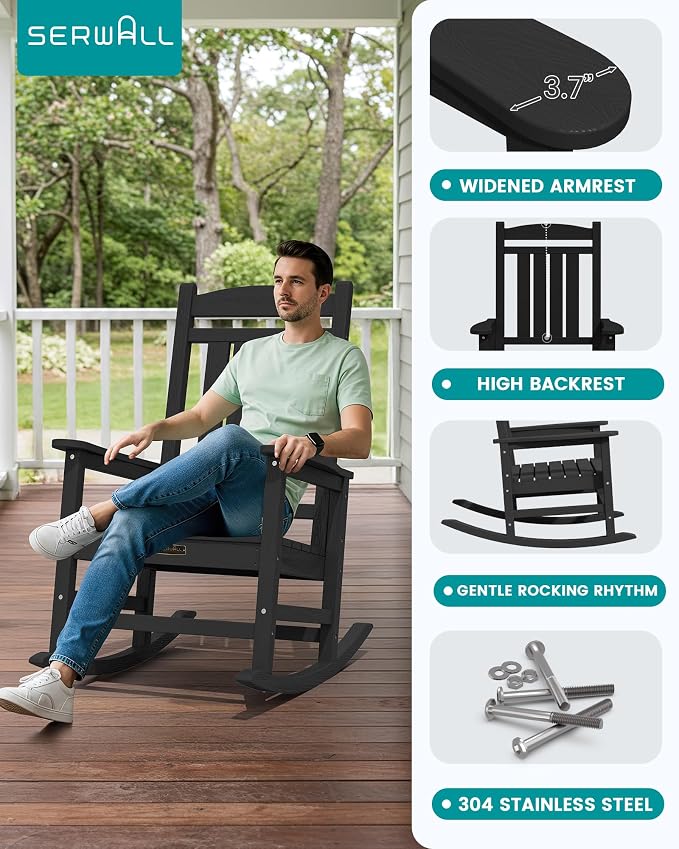 SERWALL Outdoor Rocking Chair, HDPE Patio Rocking Chair All-Weather Porch Rocker - Image 5