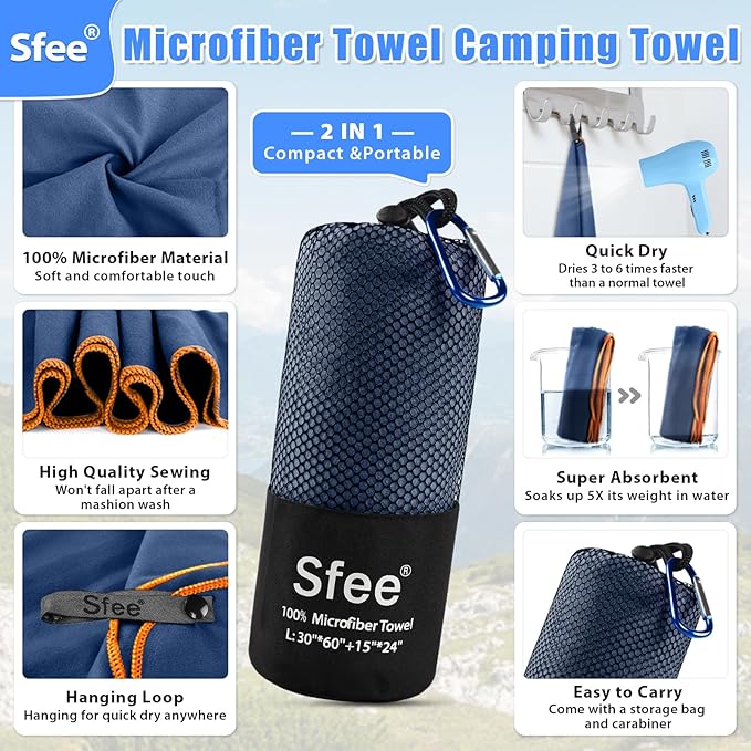 Sfee 2 Pack Microfiber Travel Towel, Quick Dry Towel Camping Towel Super - Image 2