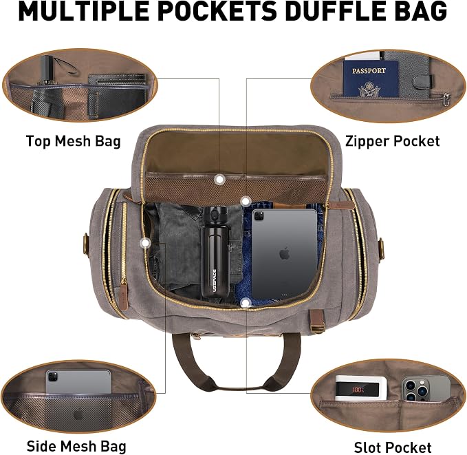 60L Travel Bags for Men, Nomad Canvas Duffle Bag Vintage Genuine Leather Travel - Image 4