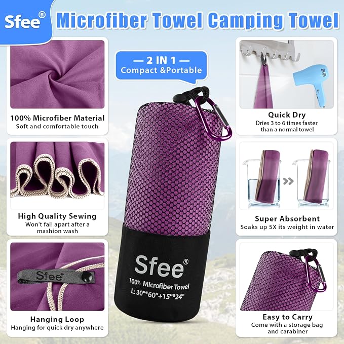 Sfee 2 Pack Microfiber Travel Towel, Quick Dry Camping Towel Large Beach Towel - Image 2