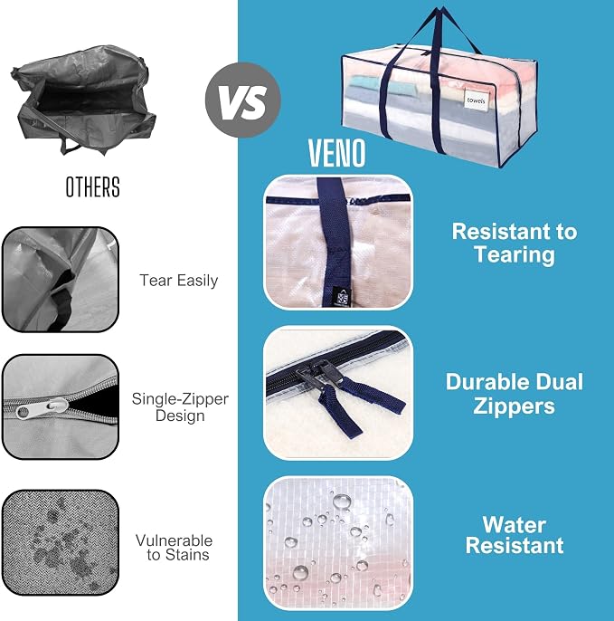 VENO 4 Pack Moving Bags Plastic Storage Totes Clothes Organization Large W - Image 5
