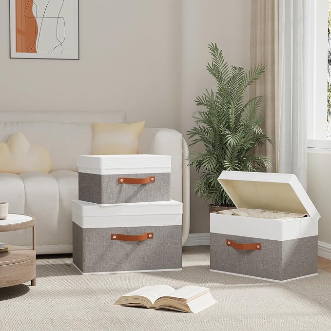 Fabric Storage Bins with Lids, 3 Pack Linen Foldable Cloth Baskets, 15 x 9.8 x - Image 3