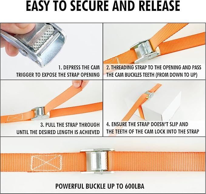 Cartman 1" x 12' Lashing Straps Cargo Tie-Down Strap Up to 600lbs, 2pk Orange - Image 4