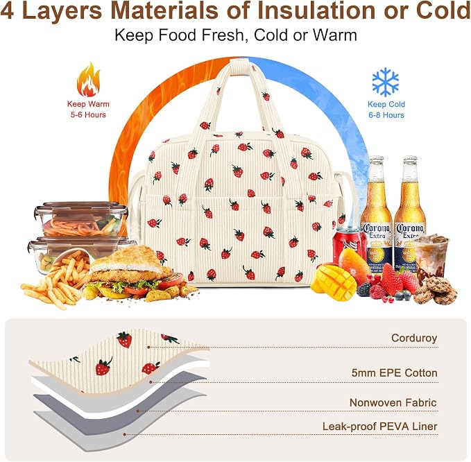 Corduroy Lunch Box Lunch Bag for Women Adults Men, Cute Strawberry Insulated - Image 3