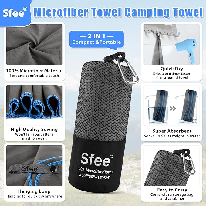 Sfee 2 Pack Microfiber Travel Towel, Quick Dry Towel Camping Towel Beach Towel - Image 3