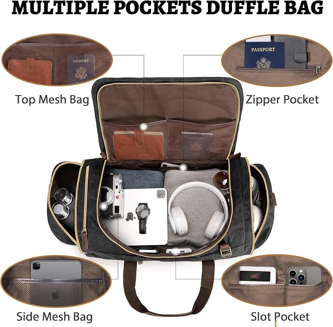 60L Duffle Bag for Men, Nomad Waxed Canvas Travel Duffel Bag Vintage Genuine - Image 4