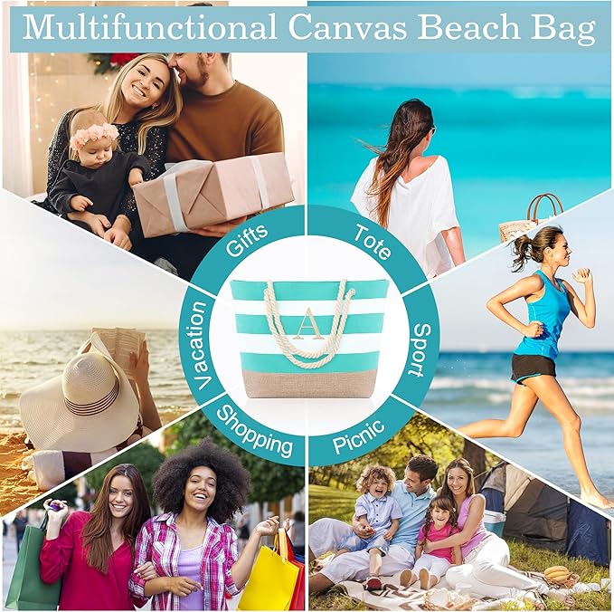 YOOLIFE Initial Canvas Waterproof Beach Tote Bag Zipper Personalized Gifts - Image 5