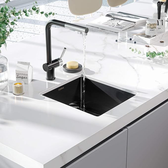 TORVA Bar Sink, TORVA 14 x 18 Inch Undermount Kitchen Sink, Gloss Black PVD by TORVA