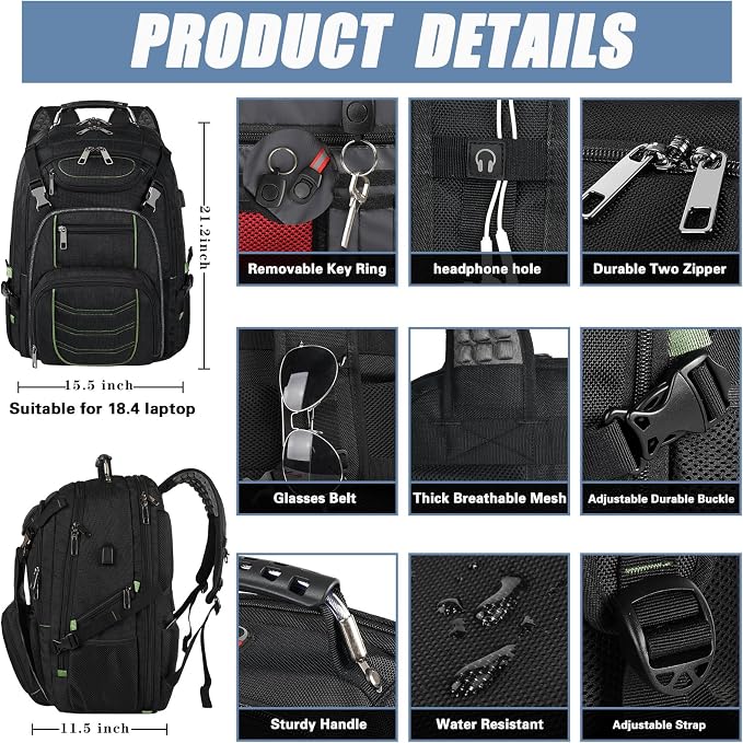 Travel Laptop Backpack, Extra Large 18.4 Inch Laptop RFID Anti Theft TSA - Image 2