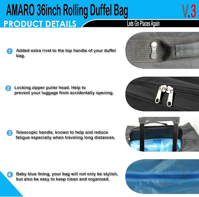 36" Rolling Duffle Bag with Wheels and Handle - Image 4