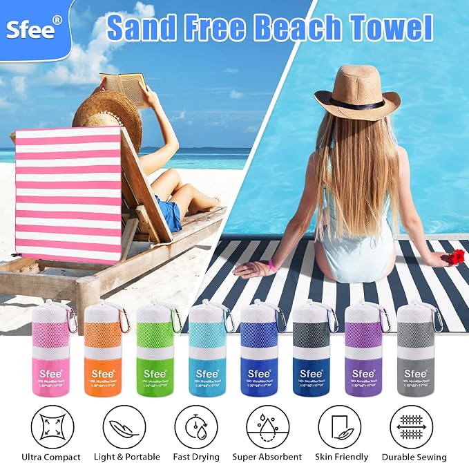 Sfee 2 in 1 Microfiber Beach Towel, Quick Dry Towel Camping Travel Towel Super - Image 3