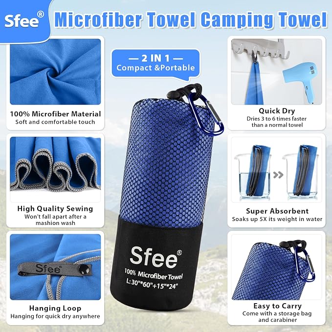 Sfee 2 Pack Microfiber Travel Towel, Quick Dry Camping Towel Large Beach Towel - Image 2