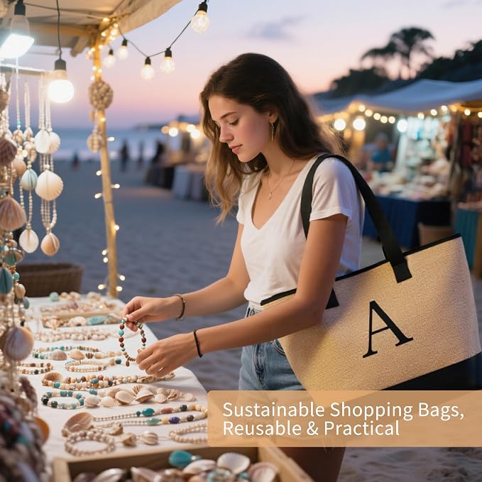 KALIDI Woven Tote Bag for Women, Lightweigh Monogram Beach Bag - Image 6