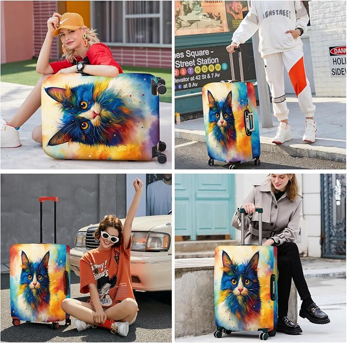 ANNA QUEEN Colorful Cat Luggage Cover, Artistic Blue Cat Design - Image 7