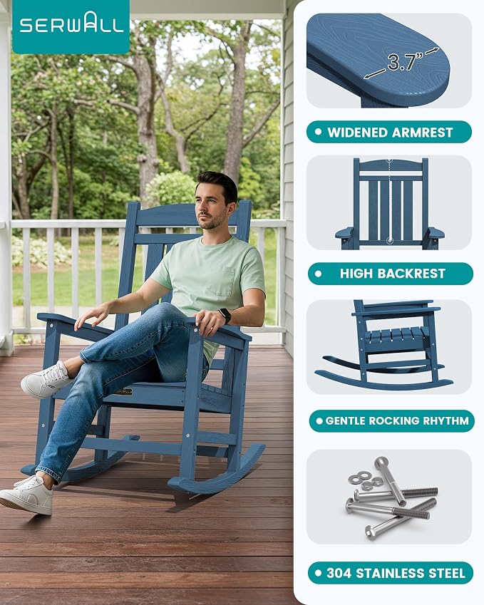 SERWALL Outdoor Rocking Chair, HDPE Patio Rocking Chair All-Weather Porch Rocker - Image 5