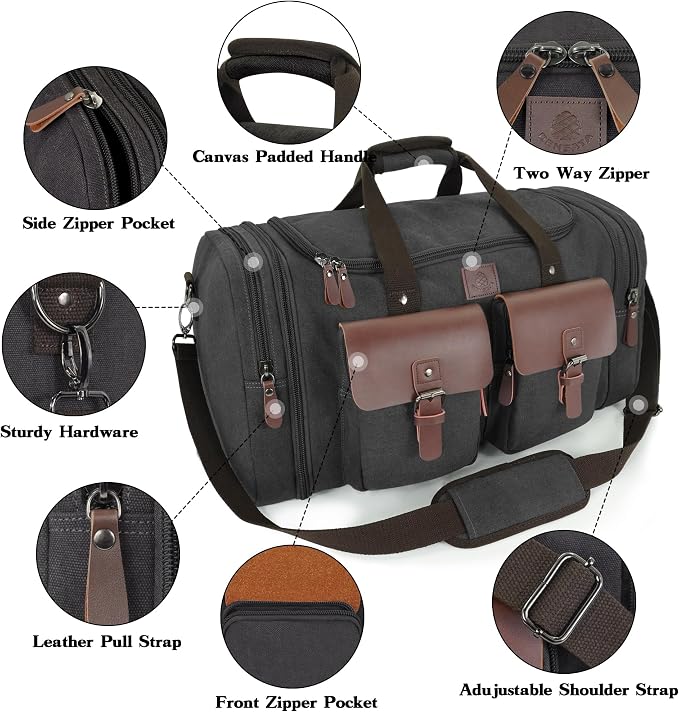 Canvas Duffle Bag for Men 50L Travel Duffel Bags Expandable Genuine Leather - Image 3