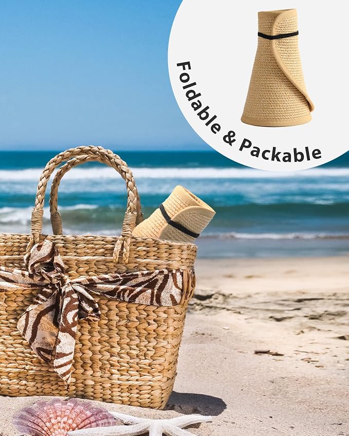 FURTALK Sun Hats for Women Wide Brim Beach Hat Straw Visor Ponytail Summer UV - Image 7
