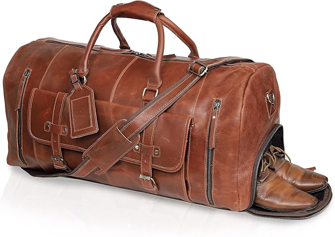 Duffle Leather Travel Bag for Women Men Gym Sports Overnight Weekend Airplane by cuero