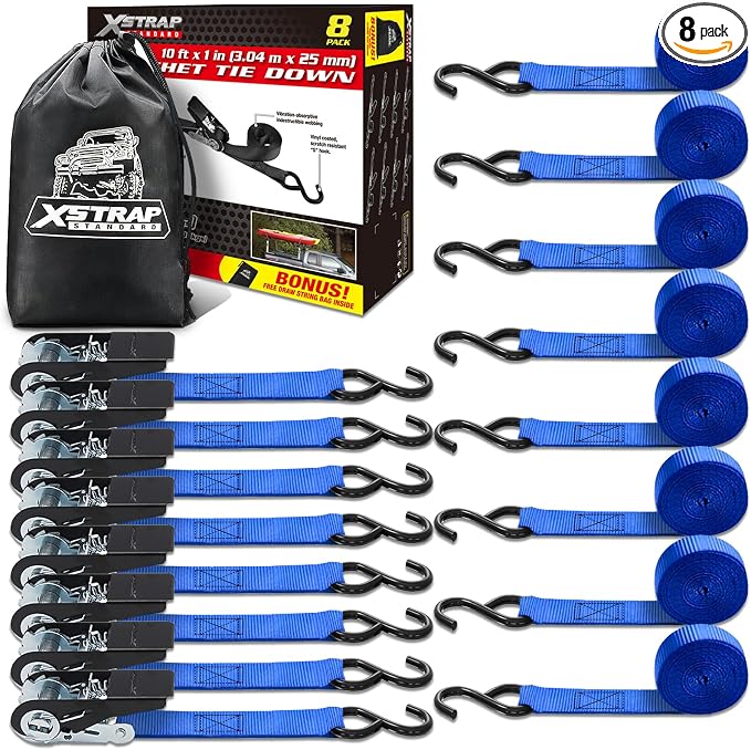 XSTRAP STANDARD Ratchet Tie Down Straps 8PK 1'' x 10 ft - 900 LB Break Strength by XSTRAPSTANDARD