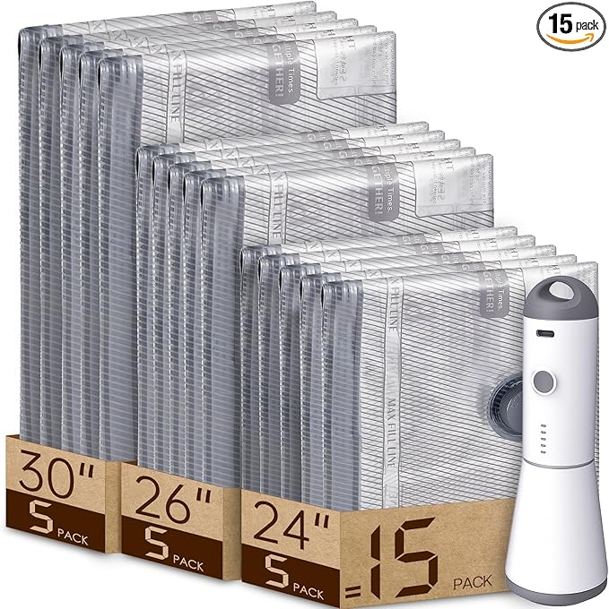 Vacuum Bags for Travel with Rechargeable air Pump, 15 Pack Carry-on Size by Vacbird