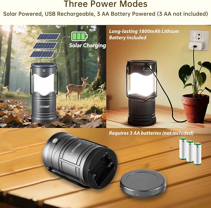 Lichamp 1-Pack Solar Camping Lantern, USB Rechargeable LED Lanterns Battery - Image 2