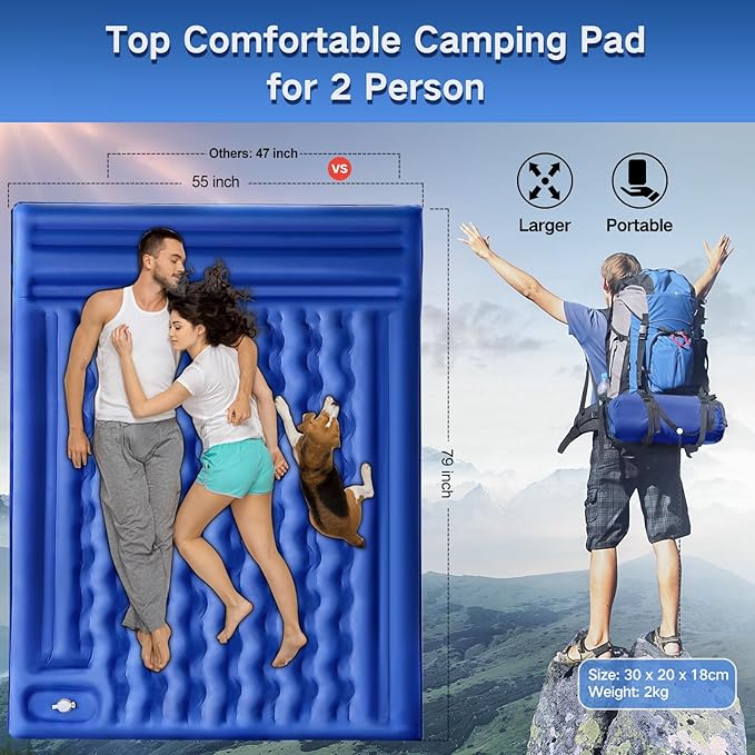 Double Sleeping Pad Camping, Self Inflating 6'' Extra-Thick 2 Person Pillow - Image 3