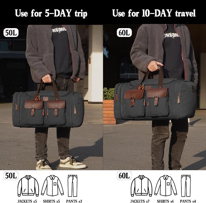 Canvas Duffle Bag for Men 60L Travel Duffel Bags Expandable Genuine Leather - Image 6