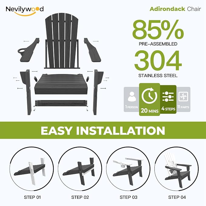 Folding Adirondack Chair, Ergonomic Extended Backrest, HDPE All-Weather - Image 5