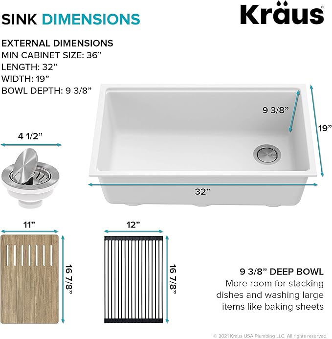 Kraus KGUW1-33WH-100-100, Bellucci Workstation 32 in. Undermount Granite - Image 4