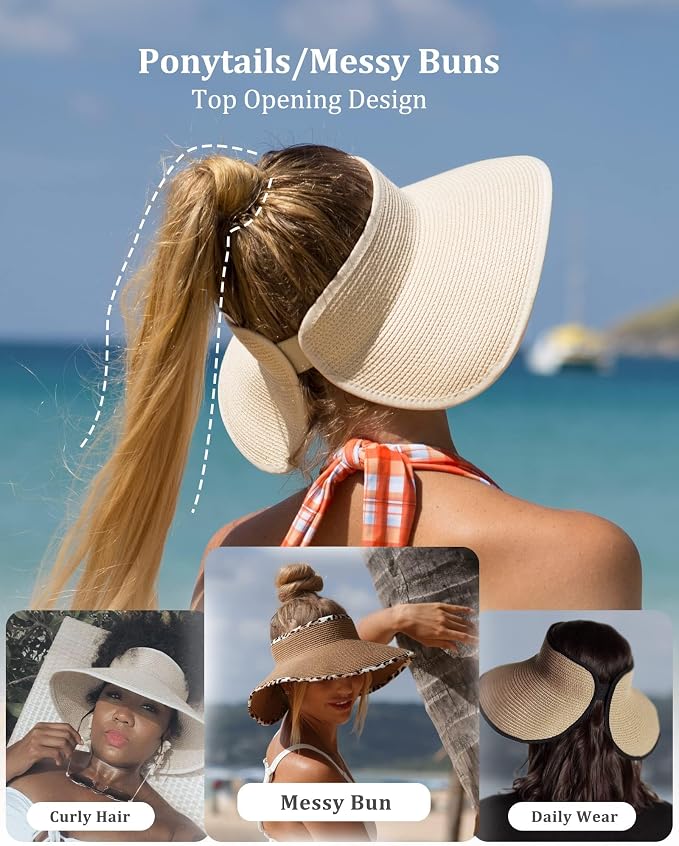 FURTALK Sun Hats for Women Wide Brim Beach Hat Straw Visor Ponytail Summer UV - Image 4