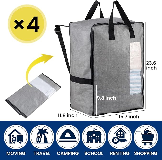 TAILI 4 Pack Gray Moving Bags w/Adjustable Backpack Straps, Moving Supplies - Image 4