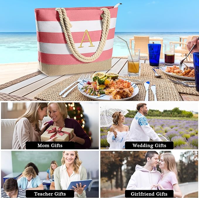 YOOLIFE Initial Canvas Waterproof Beach Tote Bag Zipper Personalized Gifts - Image 5