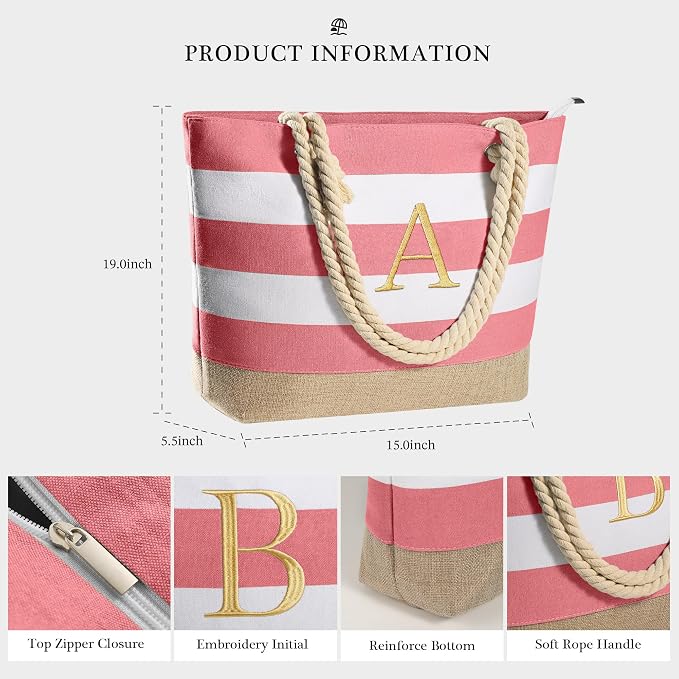 YOOLIFE Initial Canvas Waterproof Beach Tote Bag Zipper Personalized Gifts - Image 4
