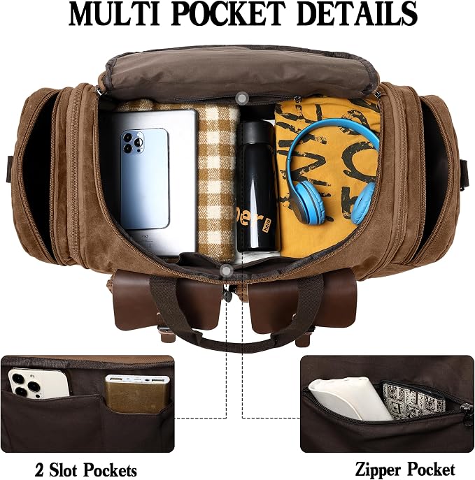 Waxed Canvas Duffle Bag for Men 50L Travel Duffel Bags Expandable Genuine - Image 5