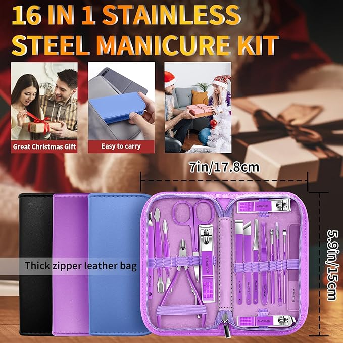 Manicure Set 16Pcs Professional Stainless Steel Pedicure Kit Mens Grooming Kit - Image 6