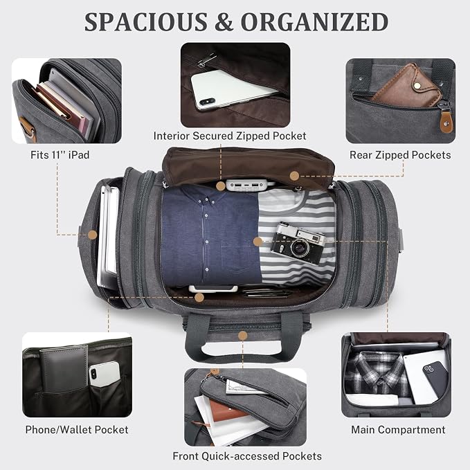 Gonex Canvas Duffle Bag for Travel, 60L Duffel Overnight Weekend Bag - Image 5