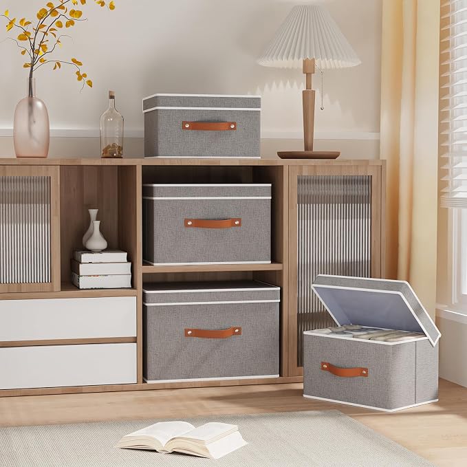 Collapsible Storage Bins with Lids, Linen Foldable Cloth Baskets, 17.7 x 11.8 x - Image 2