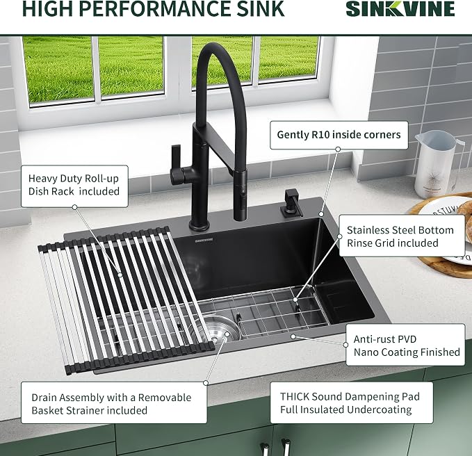 Black Drop-In Kitchen Sink 25 x 22 inch, SINKVINE PVD Nano Stainless Steel Sink - Image 7