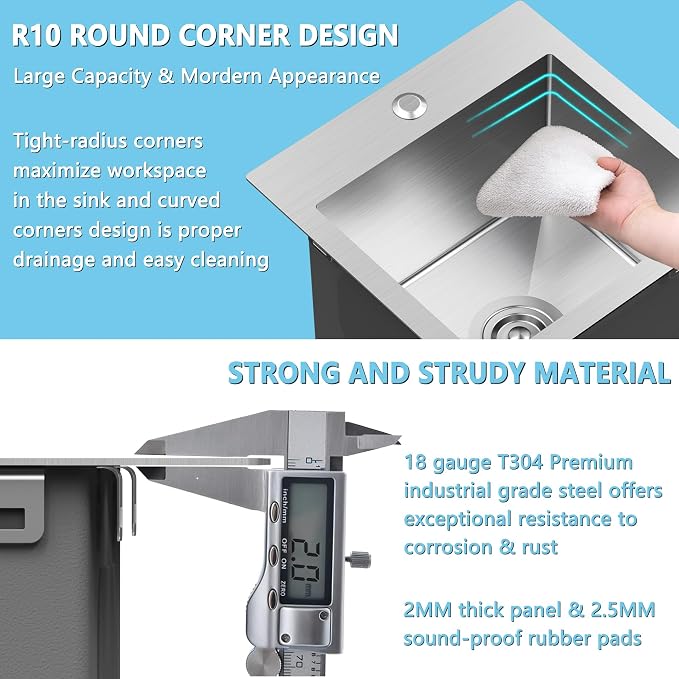 15x15 inch Drop in Bar Sink, 15 inch Small Kitchen Sink Topmount 18 Gauge - Image 4