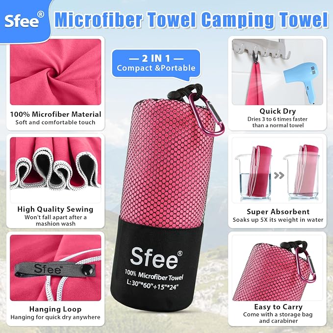 Sfee 2 Pack Microfiber Travel Towel, Quick Dry Towel Camping Towel Super - Image 2