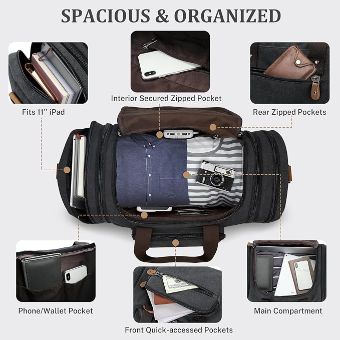 Gonex Canvas Duffle Bag for Travel 50L Expandable Duffel Weekend Overnight Bag - Image 4