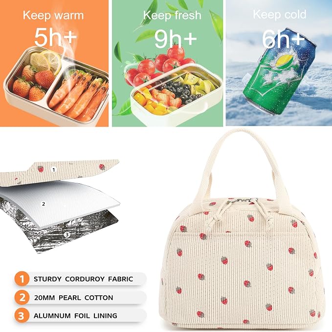 Bluboon Lunch Bag for Women Men Cute Corduroy Lunch Tote Bags Reusable - Image 6
