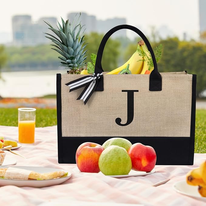 TOPDesign Initial Jute/Canvas Tote Bag, Personalized Present Bag, Suitable - Image 3